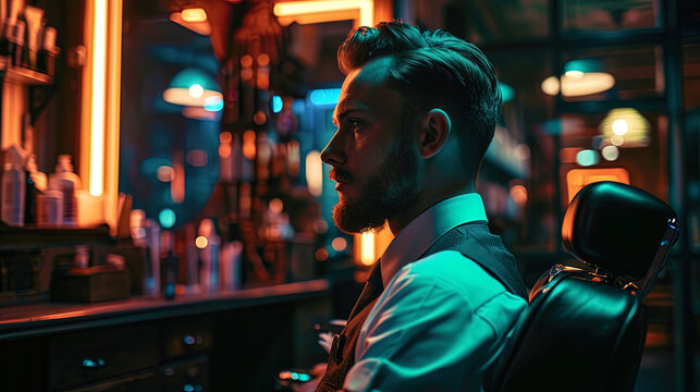 A picture of an experienced gentleman in a modern barbershop, illuminated by neon lights, emphasiz