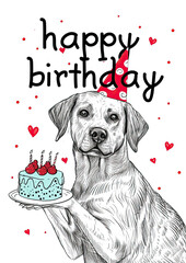 Birthday greeting card drawing ballons, cake, party, pets
