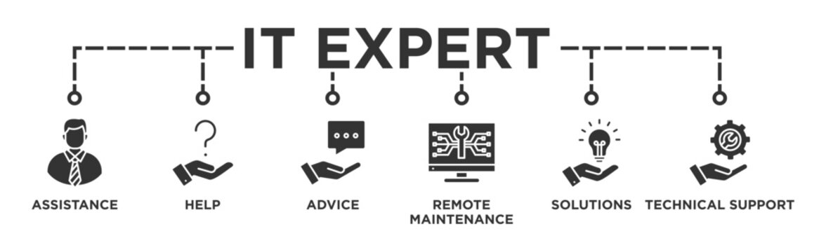 IT Expert banner web icon vector illustration concept with icon of assistance, help, advice, remote maintenance, solutions and technical support