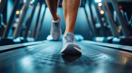 Close up of feet, sportsman runner running on treadmill in fitness club. Cardio workout. Healthy lifestyle, guy training in gym. - obrazy, fototapety, plakaty