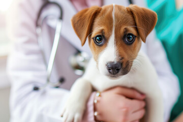 Cute puppy examined by doctor
