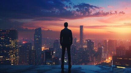 Confident businessman standing on the building rooftop while looking at the silhouette of cityscape at dusk time - obrazy, fototapety, plakaty