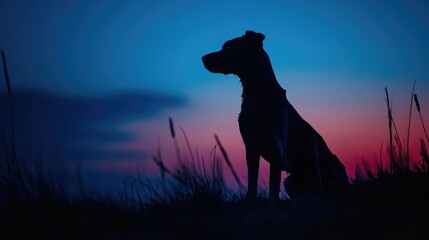 Dog silhouette in evening blue hour light