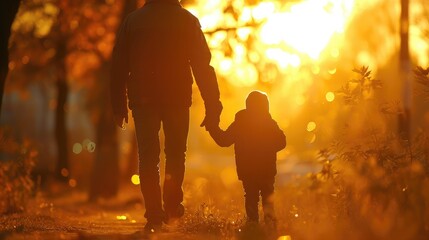 Little son, dad hold hands close up in nature in sun. Child father walk in park at sunset, family trust concept. Parent, kid boy outing together. Adoption of child. Happy family,