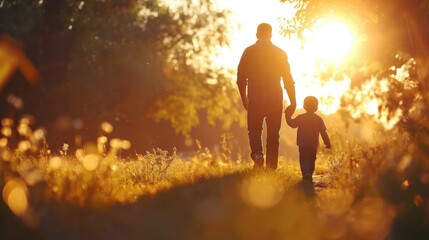 Little son, dad hold hands close up in nature in sun. Child father walk in park at sunset, family trust concept. Parent, kid boy outing together. Adoption of child. Happy family, - obrazy, fototapety, plakaty