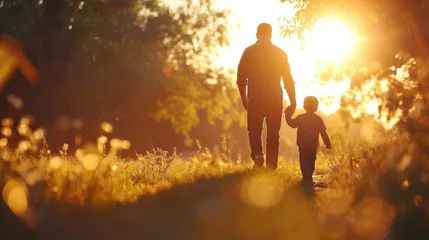 Fotobehang Little son, dad hold hands close up in nature in sun. Child father walk in park at sunset, family trust concept. Parent, kid boy outing together. Adoption of child. Happy family, © buraratn