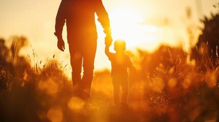 Little son, dad hold hands close up in nature in sun. Child father walk in park at sunset, family trust concept. Parent, kid boy outing together. Adoption of child. Happy family,