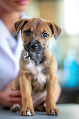 Cute puppy examined by doctor