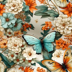 Teal and Orange Butterfly and Flowers on a White Seamless Background