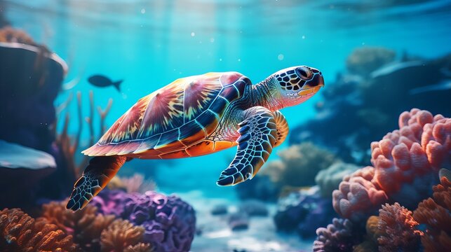 A green sea turtle swimming in a beautiful blue ocean reef at an island with fishes, seaweed and corals