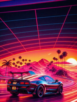 synthwave sunset scenery, a supercar driving down the road on an orange sunset, waves, mountains, palm trees, miami, 80s, summer vibes, golden times. Generative AI