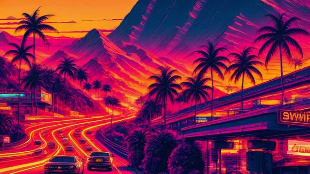 synthwave sunset scenery, a supercar driving down the road on an orange sunset, waves, mountains, palm trees, miami, 80s, summer vibes, golden times. Generative AI