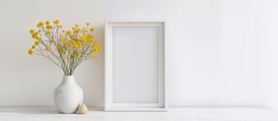 Minimal interior mockup with empty white frame and yellow flowers in vase for photo or painting.