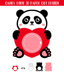 Valentines Panda candy dome holder with heart. Paper cut template. Vector illustration. Cute holiday symbol. 3D layered Valentines ornament for sweets. © Volha Shybut