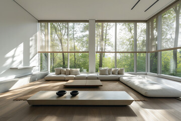 A spacious, minimalist living room with large windows overlooking a forest, featuring a low-lying sofa and a centered wooden table on a textured rug.