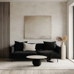 A minimalist living room featuring a black sofa with cushions, a white round coffee table on a beige rug, a tall vase with dried plants, and a textured white painting