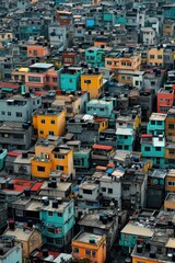 An aerial view of tightly packed small colorful houses in a densely populated urban area with a patchwork of rooftops and narrow alleys.