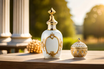 luxurious perfume bottle with golden ornament in a french castle garden 