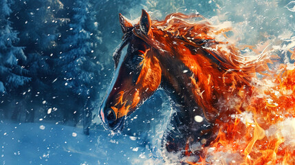 A portrait of a horse with a fiery suit, surrounded by a picturesque winter landscape, creates the - obrazy, fototapety, plakaty