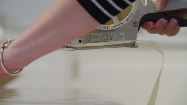 woman applying shipping barcode labels with handheld label applicator to packets