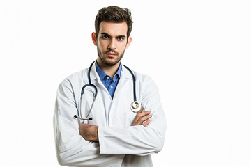 Fototapeta premium portrait of happy young male doctor arm crossed on white isolated background