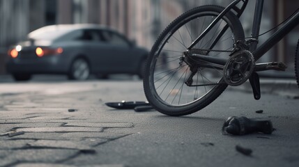 Obraz premium Road accident scene with destroyed bike. Bicycle crash on roadside illustration. Outdoor urban background with copy space.