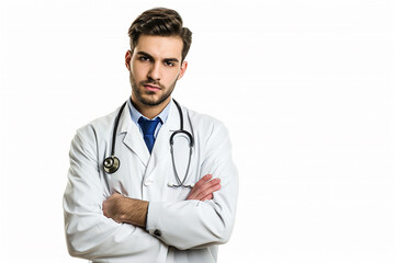 Fototapeta premium portrait of happy young male doctor arm crossed on white isolated background