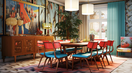 Fototapeta na wymiar Vintage Kitchen. Colorful Retro Home. Classic Dining Room..
