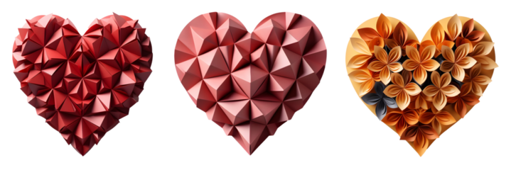 Set of origami hearts for Valentine's Day. paper hearts isolated. red paper heart. pink paper heart flat lay. heart for Valentine's Day top view