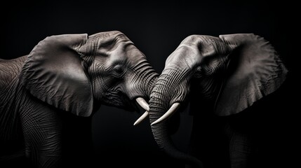 Fototapeta na wymiar two wise elephants, their trunks entwined in a gesture of camaraderie, set against the purity of a white, unblemished background.