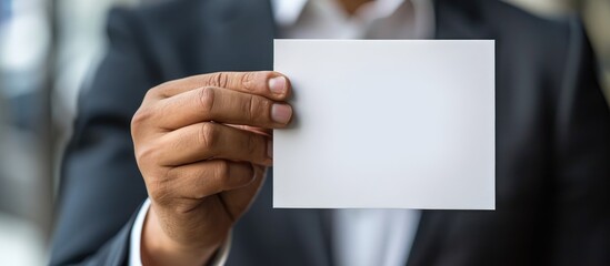 Obraz premium Hand of a businessman holding a blank paper sheet for displaying text about the digital economy.