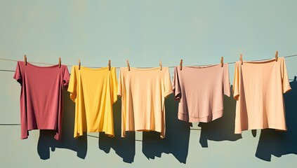 After washing, children's colorful clothes are dried outside.