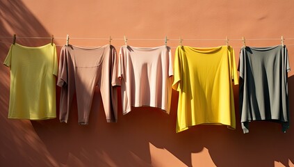 After washing, children's colorful clothes are dried outside.
