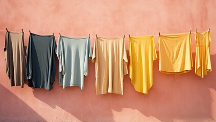 After washing, children's colorful clothes are dried outside.