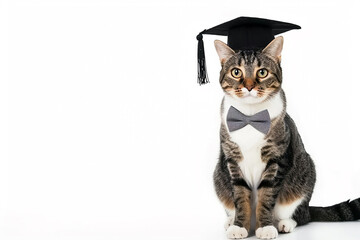 Cute cat wearing graduation cap and bow tie sitting on white isolated background