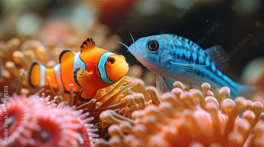 Poster a close up of two clown fish on a coral with anemone in the foreground and a sea anemone in the back