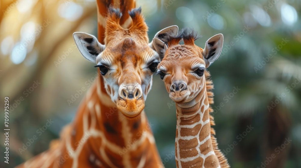 Poster two giraffes standing next to each other with trees in the back ground and one giraffe looking at th