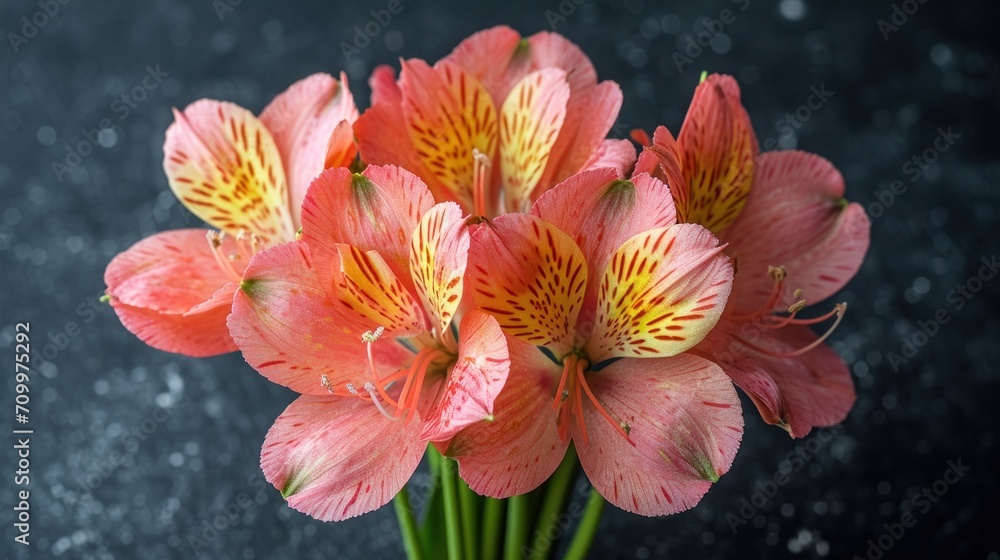 Poster a close up of a bunch of flowers in a vase with water droplets on the ground in front of a black bac