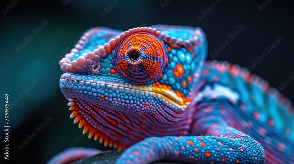 Poster a close - up of a colorful chamelon's face on a black background with a blurry image of the chamelon