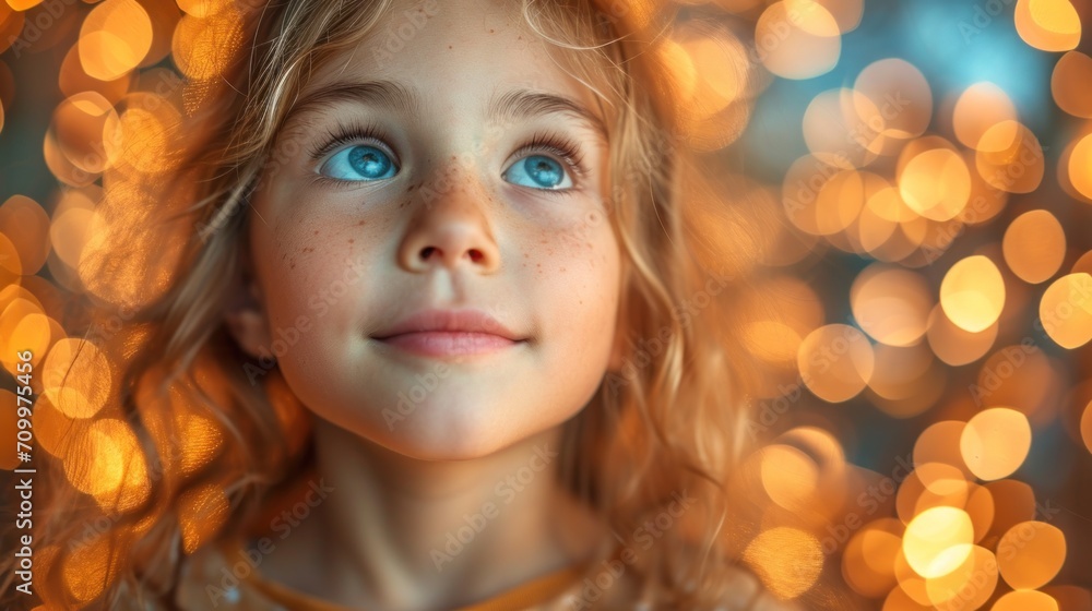 Poster a close up of a child's face with a boke of lights in the background and a blurry image of a child's