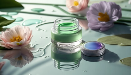 Glass cosmetic jar with skin care moisturizer cream on spring pond water background, mockup for eco beauty product. Outdoor nature background. - obrazy, fototapety, plakaty