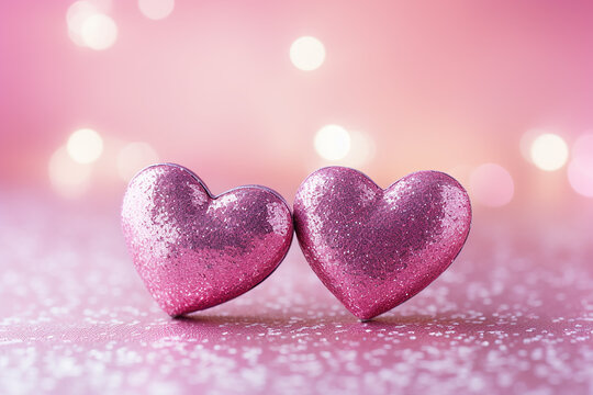 There are two hearts that are sitting next to each Bokeh heart background - valentine's day concept