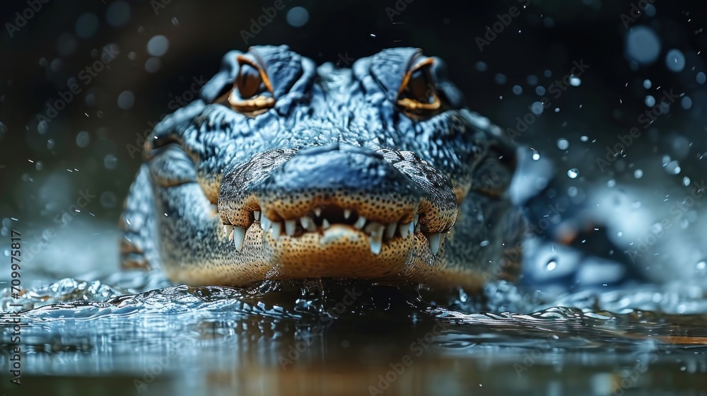 Poster a close up of a crocodile's face with water splashing on it's face and it's head in the middle of a 