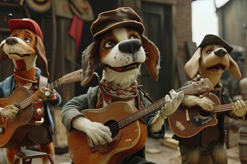 The Ballad of Barnaby Bones and the Bone Brigade: Barnaby Bones, a one-eyed beagle with a gruff bark and a heart of gold, leads a pack of stray dogs on a musical quest across the city. - obrazy, fototapety, plakaty