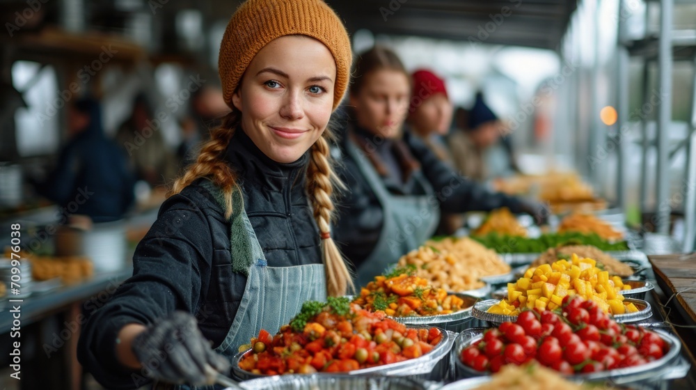 Poster a woman standing in front of a buffet table filled with lots of different types of food on trays and