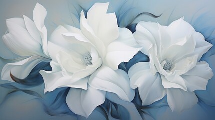 white and blue flowers gracefully unfolding on a flawlessly white canvas.