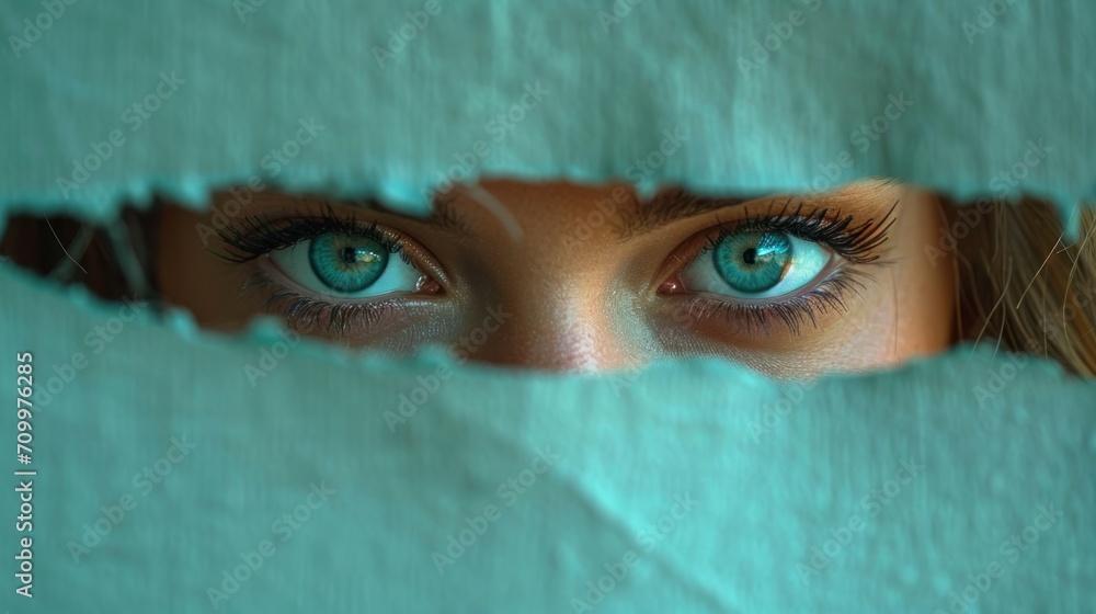 Poster a close up of a person looking through a hole in a sheet of paper with a pair of blue eyeliners on t