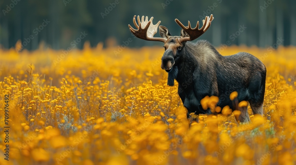 Canvas Prints a moose standing in a field of yellow flowers with his huge antlers hanging out of it's antlers to t