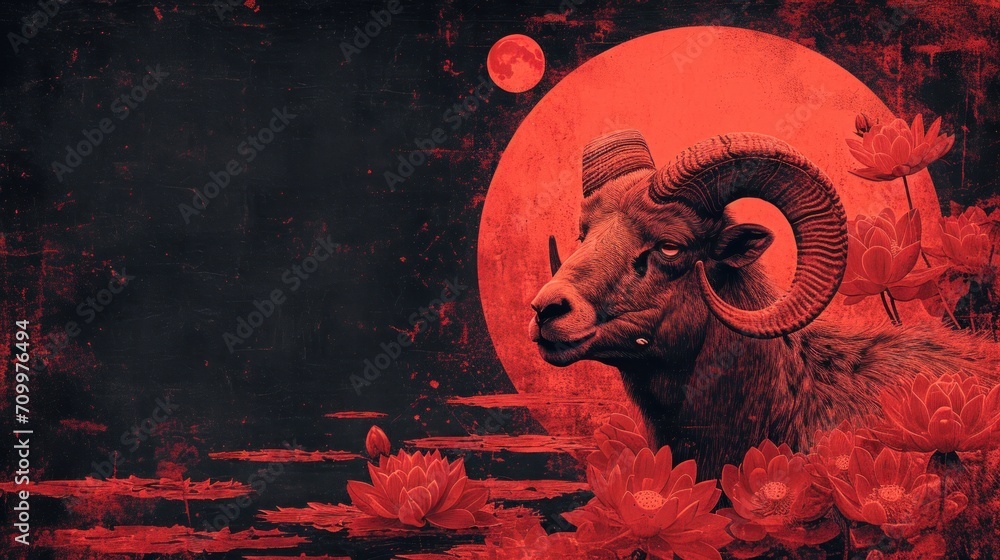 Poster a ram with large horns standing in a field of water lilies with a full moon in the background and a 