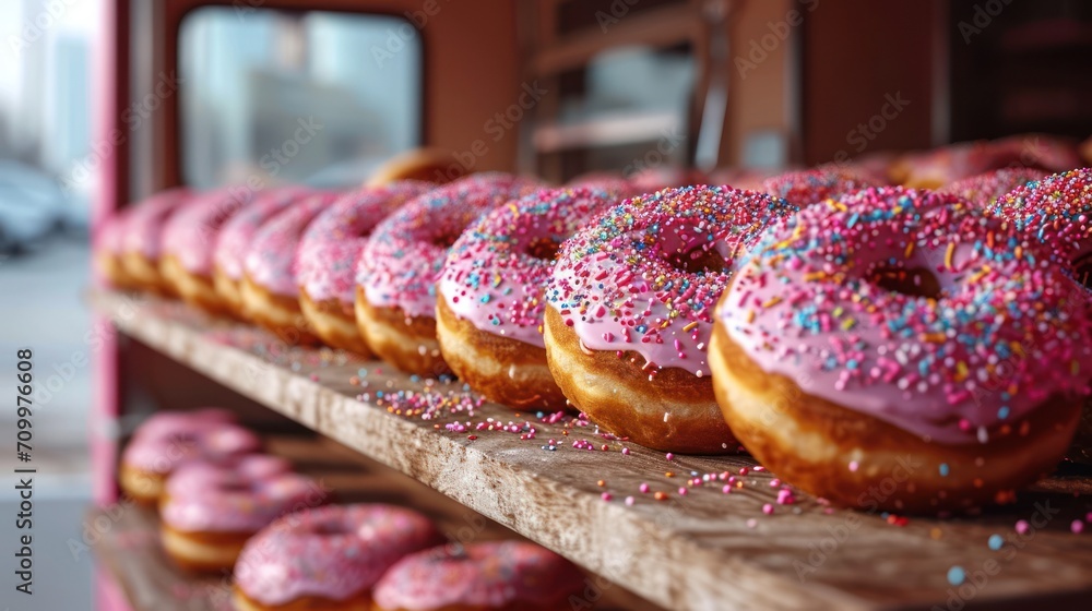 Aufkleber a row of doughnuts with pink frosting and sprinkles on a wooden tray in a bakery display case with o